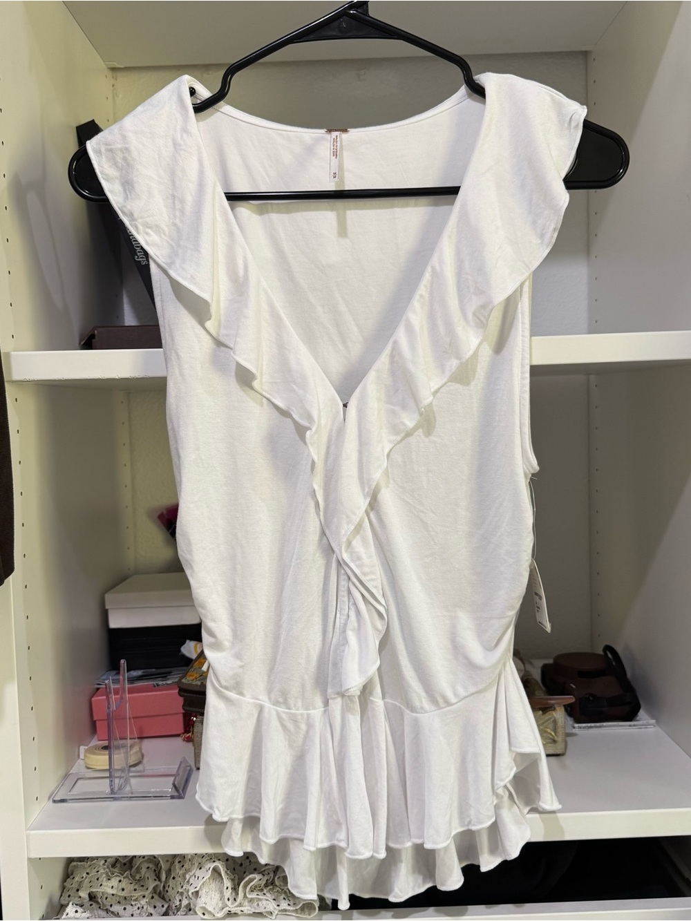 Free People White Ruffle V-Back Tank